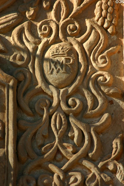Baroque detail of facade of San Xavier del Bac Mission Church. Tucson, AZ.