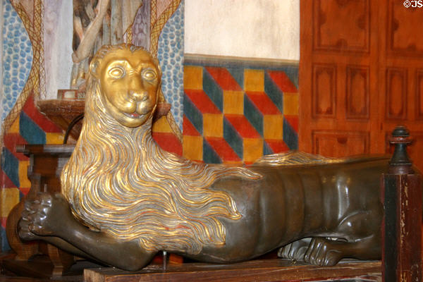 Carved lion in San Xavier del Bac Mission Church. Tucson, AZ.