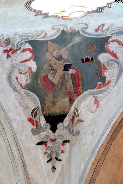 Squinch mural of St (Pope) Gregory the Great, one of four doctors of the church, at Mission San Xavier del Bac. Tucson, AZ.
