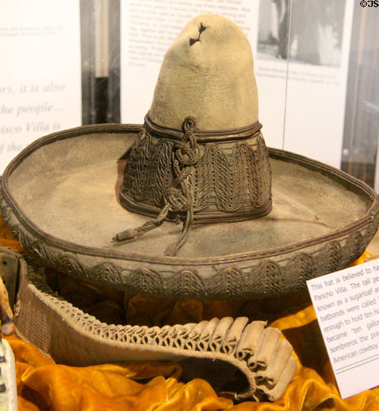 Sugarloaf sombrero said to have been worn by Poncho Villa has ten hatband (galóns in Spanish) which evolved into the ten gallon English term at Arizona History Museum. Tucson, AZ.