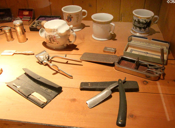 Barber shop tools & shaving mugs at Arizona Historical Society Museum Downtown. Tucson, AZ.