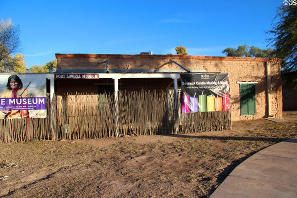 Fort Lowell Museum building with cactus pole fence. Tucson, AZ.