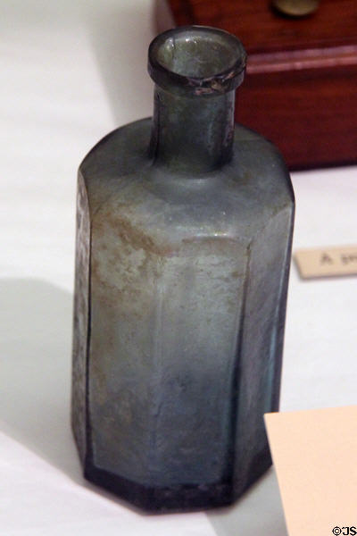 Octagonal glass medicine bottle from Rumford Chemical Works of Providence, RI at Fort Lowell Museum. Tucson, AZ.