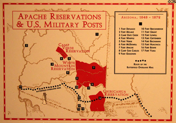 Map of Apache Reservations & U.S. Military Posts between 1848 & 73 in Arizona with route of Butterfield Overland Mail couch at Fort Lowell Museum. Tucson, AZ.