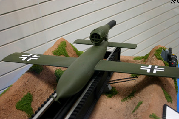 Model of German V1 flying buzz bomb [aka Fiesler Fi103 Vergeltungswaffe eins aka Reprisal weapon one], Pima Air & Space Museum. Tucson, AZ.