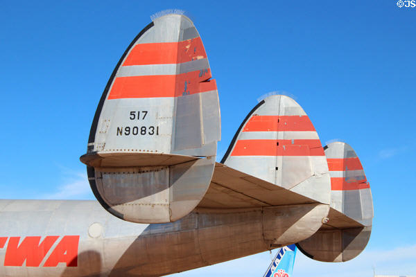 Triple tail of Lockheed Constellation L-049 airliner (1943-8) at Pima Air & Space Museum. Tucson, AZ.