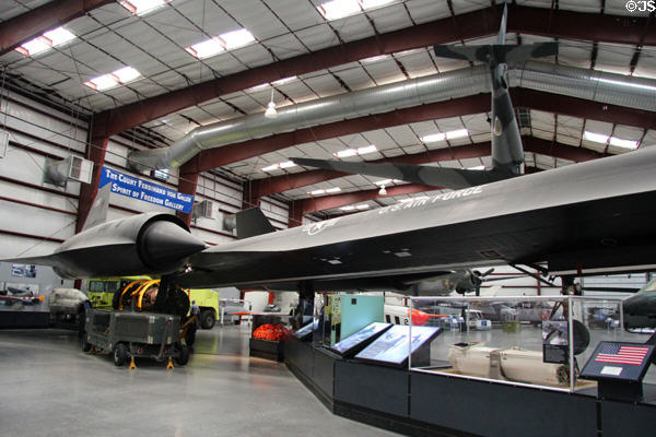 Sideview with engine of Lockheed Blackbird SR-71A titanium spy plane (1964-90s) at Pima Air & Space Museum. Tucson, AZ.