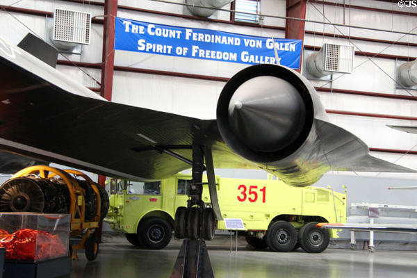 Wing & engine of Lockheed Blackbird SR-71A titanium spy plane (1964-90s) at Pima Air & Space Museum. Tucson, AZ.