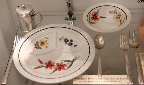 Southern Pacific Railroad Prairie-Mountain Wildflowers pattern divided dinner plate (1931-71) at Southern Arizona Transportation Museum. Tucson, AZ.