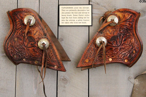 Tapaderos to cover stirrups for decoration, brush protection & keeping boots from sliding at Tombstone Courthouse Museum. Tombstone, AZ.