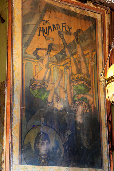 Poster for Human Fly act wherein young women walked on ceiling using magnets at Bird Cage Theatre. Tombstone, AZ.