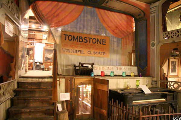 Theatre stage, curtain and orchestra pit at Bird Cage Theatre. Tombstone, AZ.