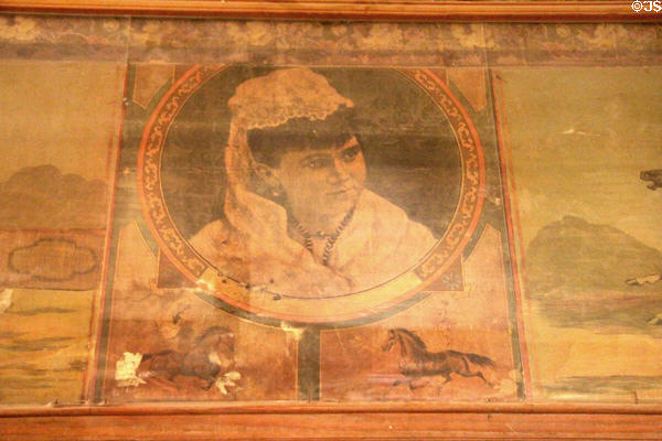 Lithographed circus poster (1883) with portrait of woman at Bird Cage Theatre. Tombstone, AZ.
