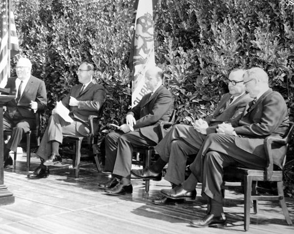 Chief Justice Earl Warren, Clark Kerr, Governor Pat Brown & other dedicate Boalt Hall Law School building at University of California Berkeley (c1964). CA.