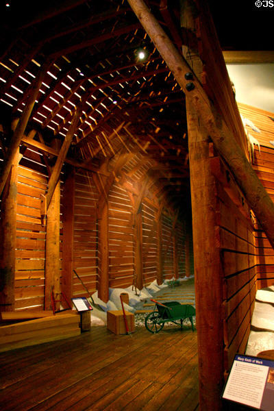 Replica of snow shed of the type built through the Sierra Nevada mountains at California State Railroad Museum. Sacramento, CA.