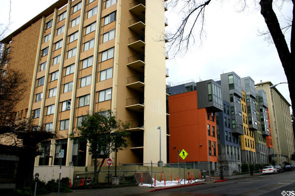 Eschelman Dorm (1965) with new infill at UC Berkeley. Berkeley, CA. Architect: Hardison & DeMars.