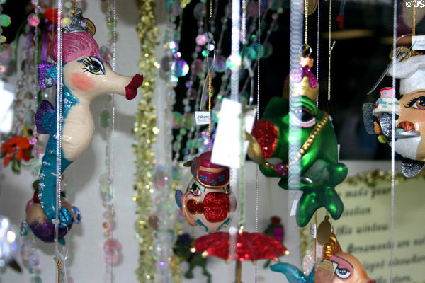 Fish Christmas tree ornaments in shop on fisherman's wharf. Monterey, CA.