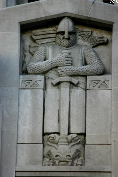 Times-Mirror Building detail of knight slaying dragon carved by Gage. Los Angeles, CA.