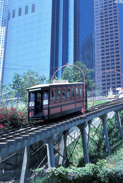 Angels Flight climbs the hill below California Plaza. Los Angeles, CA.