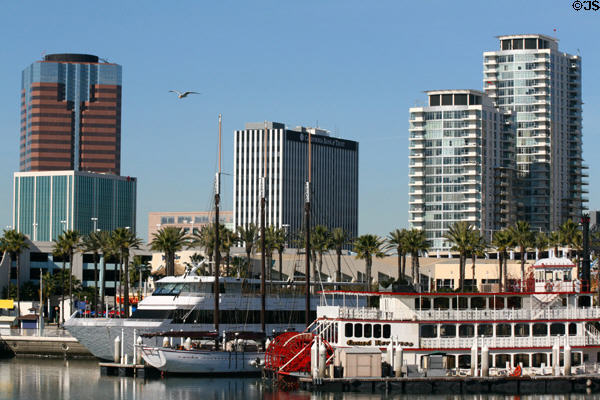 One World Trade Center, California Bank & Trust Building (1968) (18 floors), & West Ocean Condominiums (2007) (29 floors) over various boats in marina. Long Beach, CA.