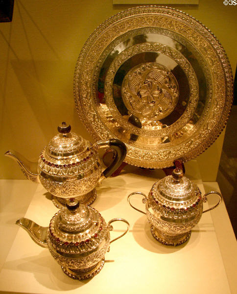 Silver tea service presented to the Reagans by the President of Sri Lanka at Reagan Museum. Simi Valley, CA.