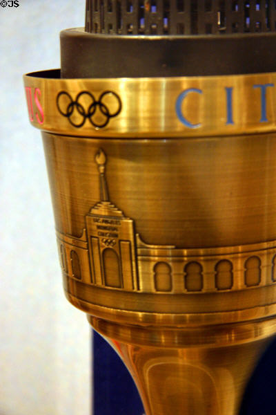 Olympic torch with engraved Los Angeles Olympic Stadium (1984) at Reagan Museum. Simi Valley, CA.
