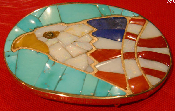 Semi-precious stone inlaid belt buckle showing American eagle given to President Reagan at Reagan Museum. Simi Valley, CA.