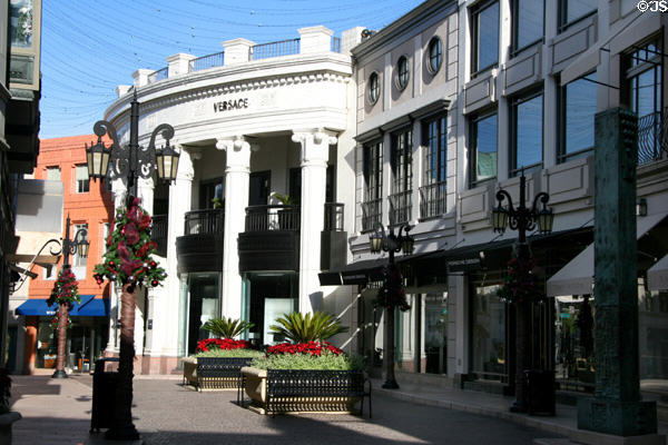 Two Rodeo Drive shopping building with Versace + Porsche Design stores. Beverly Hills, CA.