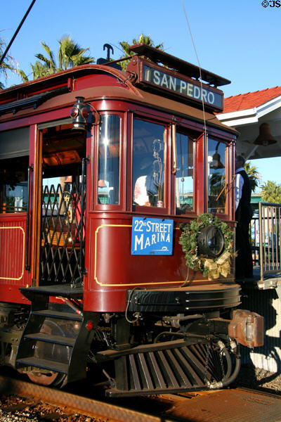 Pacific Electric #501 replica trolley car running along San Pedro port. San Pedro, CA.