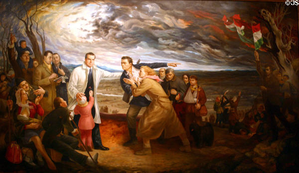 Painting of Nixon visiting Hungarian refugees at Andau, Austria in 1956 by Ferenc Daday at Nixon Library. Yorba Linda, CA.