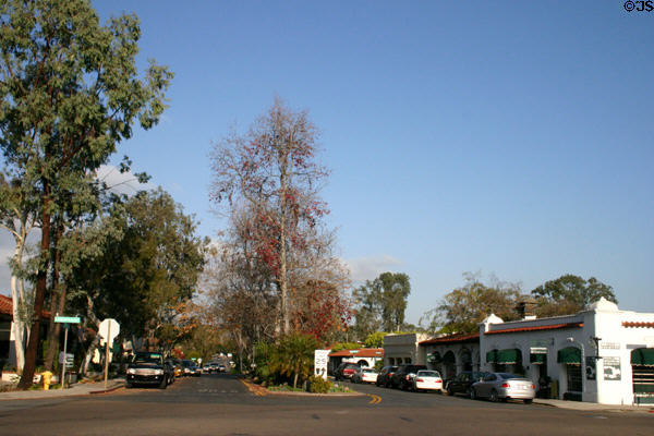 Paseo Delicias streetscape of early example of town planning under Santa Fe railroad company when it put the land on the market. Rancho Santa Fe, CA. Architect: Lilian Jenette Rice.