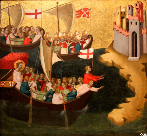 Arrival of St Ursula at Cologne tempera painting (c1330) by Bernardo Daddi at J. Paul Getty Museum Center. Malibu, CA.
