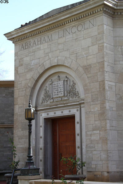 Lincoln Shrine entrance with dedication to Abraham Lincoln. Redlands, CA.