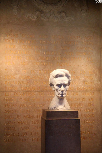 Bust of Lincoln against wall with Gettysburg Address at Lincoln Shrine. Redlands, CA.