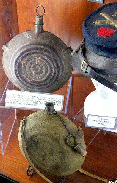 Civil War corrugated "bulls-eye" canteens (1862) at Lincoln Shrine. Redlands, CA.