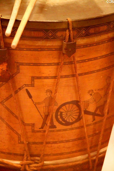 Inlaid wood detail of Grand Army of the Republic drum (1869) at Lincoln Shrine. Redlands, CA.