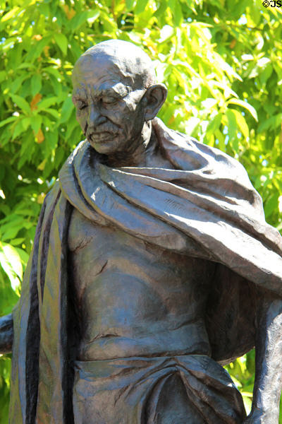 Detail of Mahatma Gandhi Monument by Madan & Aruna Garge of India on Main St. Mall. Riverside, CA.