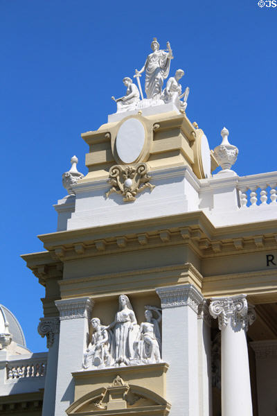 Tower & symbolic statues on Riverside County Court House. Riverside, CA.