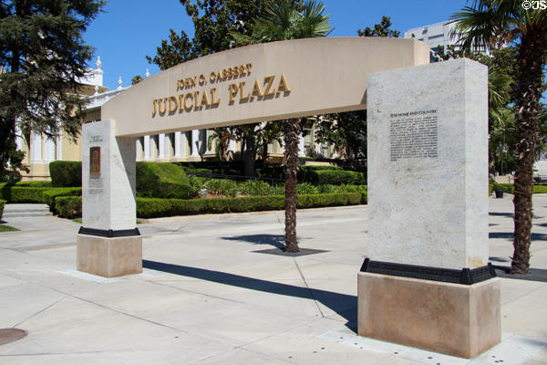 Justice John G. Gabbert Judicial Plaza archway at Riverside County Court House. Riverside, CA.