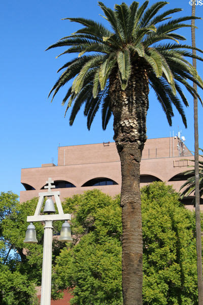 Raincross lightstand symbol of Riverside with City Hall. Riverside, CA.