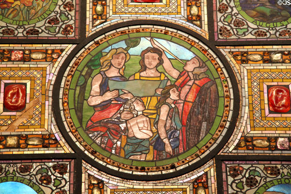 Stained glass window salvaged from Madison Square Presbyterian Church in St. Francis Chapel at Mission Inn. Riverside, CA.