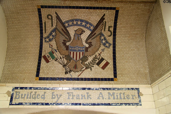 Mosaic eagle (1915) with name of Frank A. Miller who conceived architecture of Mission Inn. Riverside, CA.