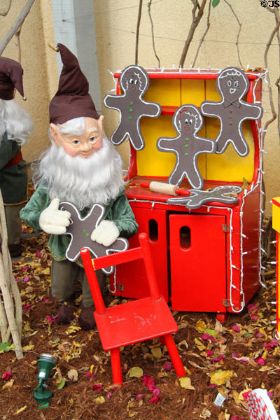 Christmas display of elf at work at Mission Inn. Riverside, CA.