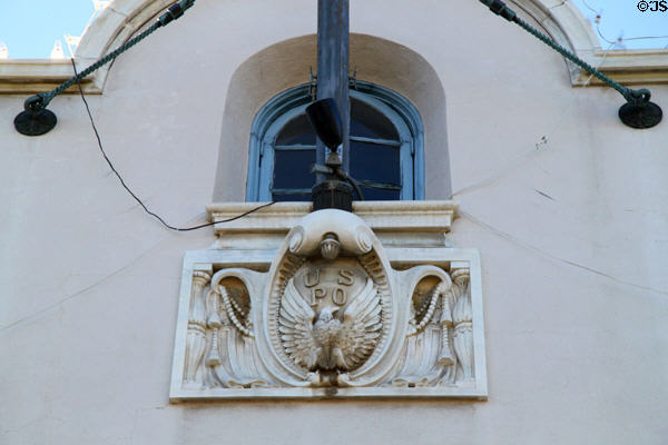 US Post Office crest on facade of Riverside Museum. Riverside, CA.