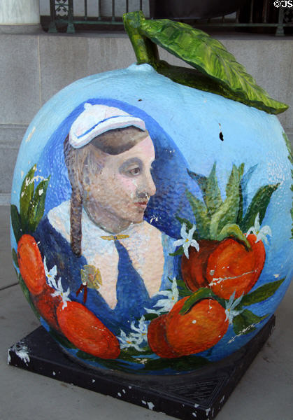 "Journey of Eliza's Orange Tree 1874" painted by Patricia Ortlieb as part of Giant Orange Art Venture at Riverside Museum. Riverside, CA.