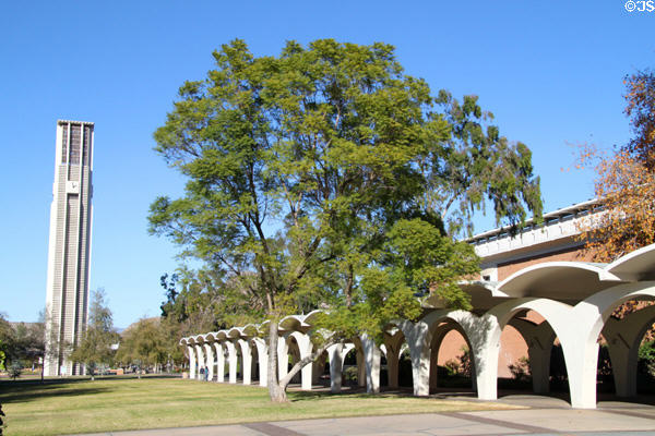 Bell Tower & arcade along the quad at University of California, Riverside. Riverside, CA.