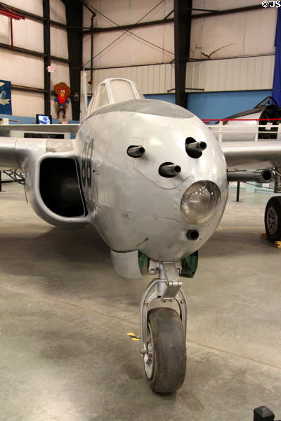 Machine guns protrude from nose of Bell Aircraft P-59A Airacomet fighter (1944) at March Field Air Museum. Riverside, CA.