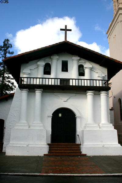 Mission San Francisco de Asis (Mission Dolores) (1776) which has adobe walls 4 ft thick, except for the front wall which is 10 ft thick. San Francisco, CA. On National Register.