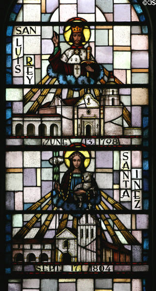 San Luis Rey & Santa Ines missions in stained glass at Mission Dolores. San Francisco, CA.