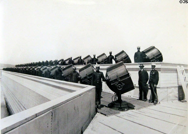 Print shows Giant Scintillator & corps of men who made colored light show of Panama-Pacific International Exposition (1915) at California Historical Society. San Francisco, CA.